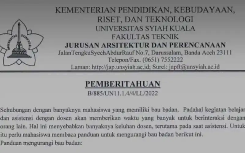 Dosen Arsitektur USK Keluhkan Bau Badan, Minta Mahasiswanya Mandi Teratur