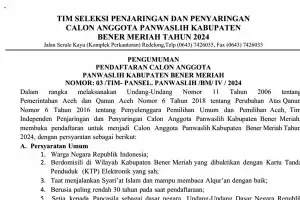 Tim Pansel Buka Pendaftaran Calon Panwaslih Pilkada Bener Meriah Pertengahan April